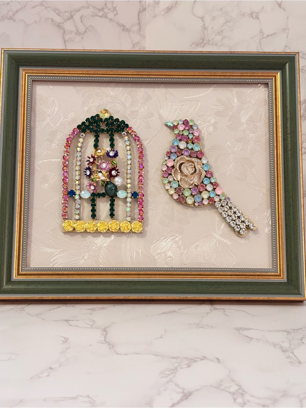 8x10 Multicolor Jeweled Bird & Cage Wall Art Framed Accent